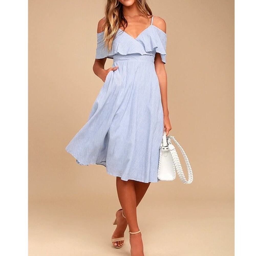 Lulus Yacht Rock Blue and White Striped Off The Shoulder Midi Dress Surplice